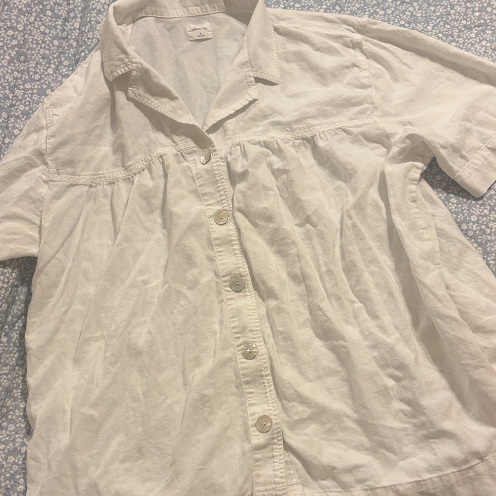 Wilfred Oversized Linen Mix White Short Sleeve Button-Up Shirt